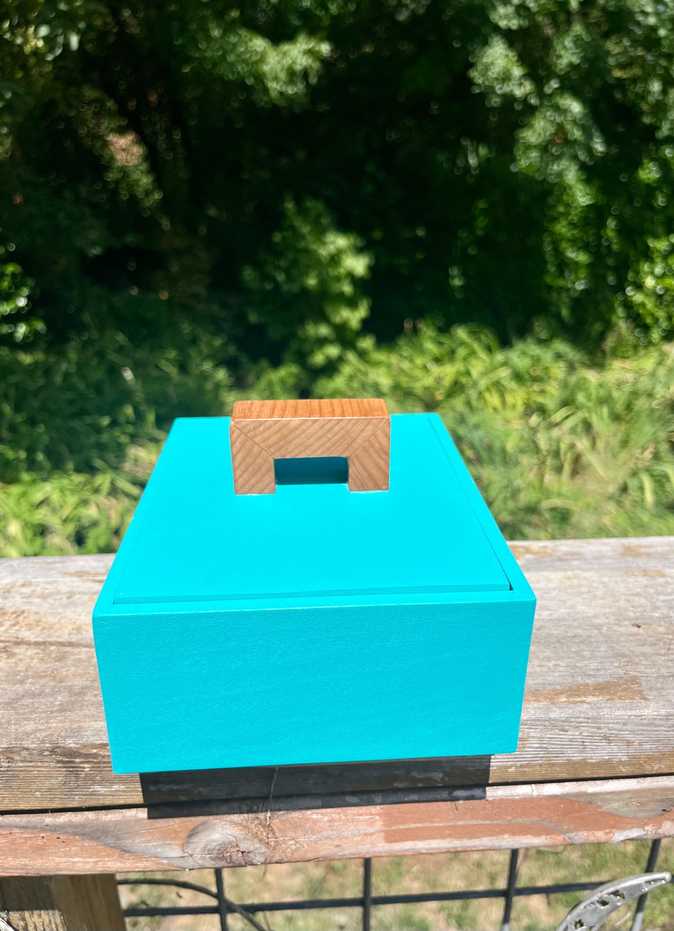 Hand-Painted Alder wood Jewelry Box: Oak Base, Petrified Wood Pull