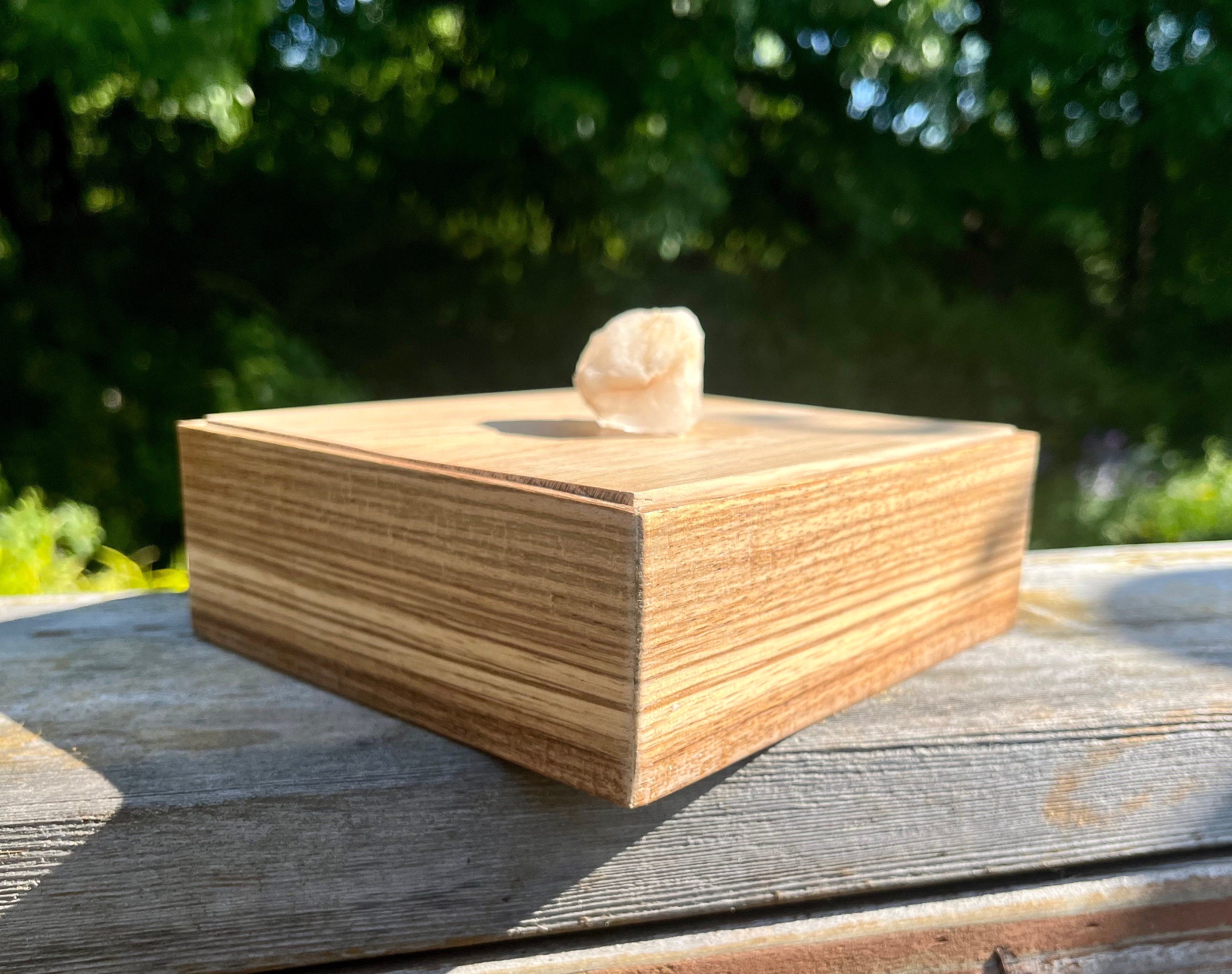 Handmade Zebrawood Jewelry Box: Oak Lid & Quartz Crystal Pull