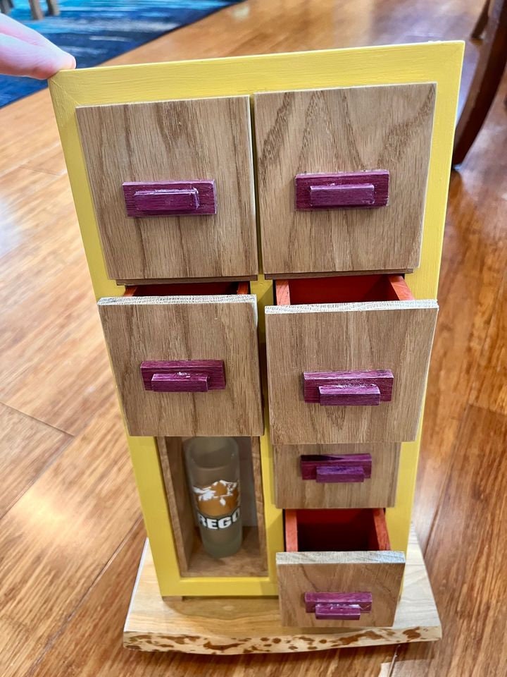 Handmade Wooden Tea Box: Oak Drawers, Purpleheart Pulls, Live Edge Ash Base