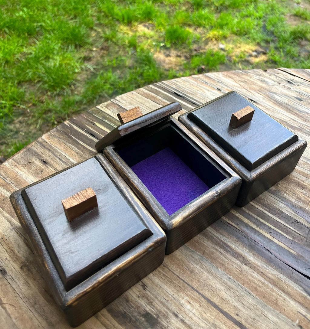 Handmade Spruce Wood Jewelry Box Set – Raw Walnut Pulls, Purple Felt Lined