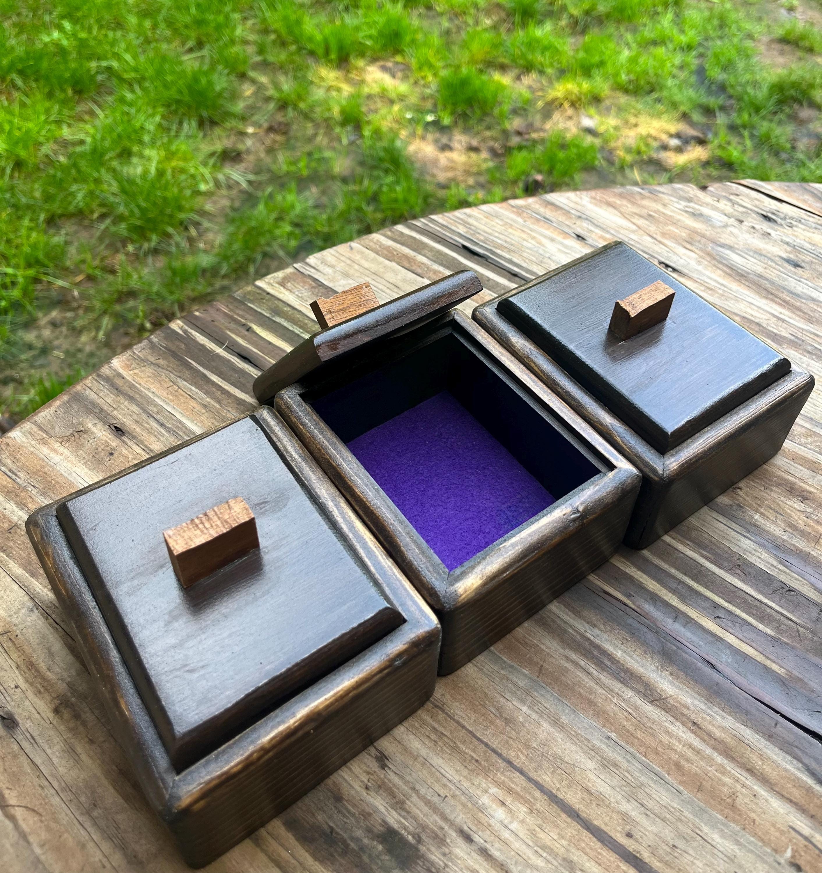 Handmade Spruce Wood Jewelry Box Set – Raw Walnut Pulls, Purple Felt Lined