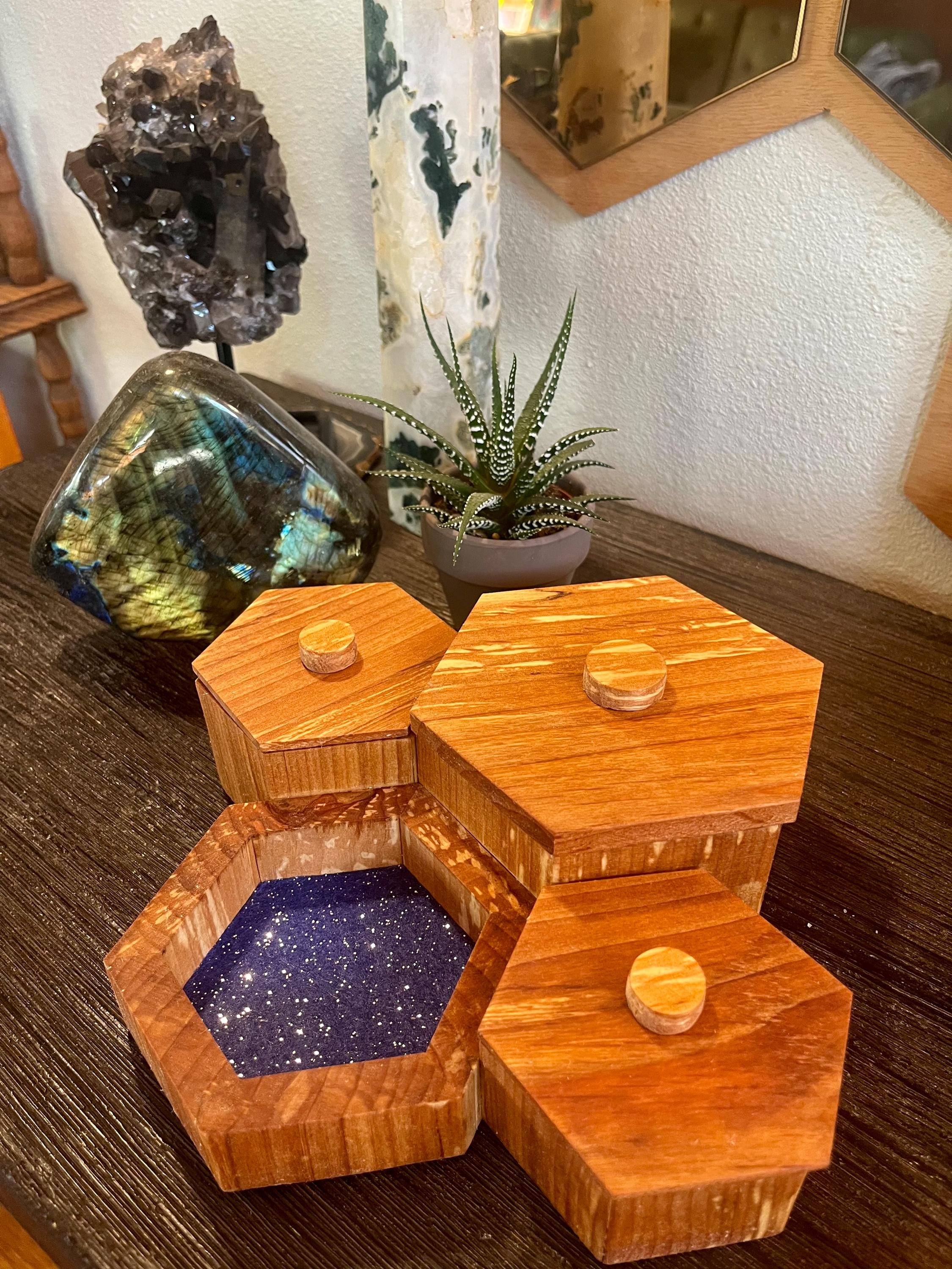 Handmade Alder Wood Honeycomb Jewelry Box: Blue Sparkle Felt Lining
