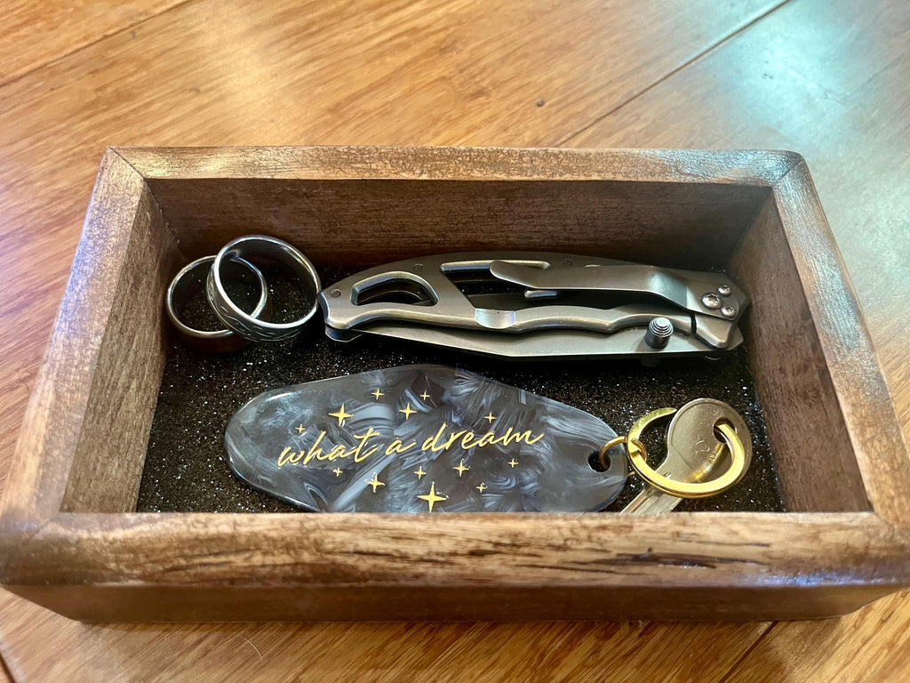 Live-Edge Plum Wood Jewelry Tray | Tung Oil Finish, Sparkly Lining