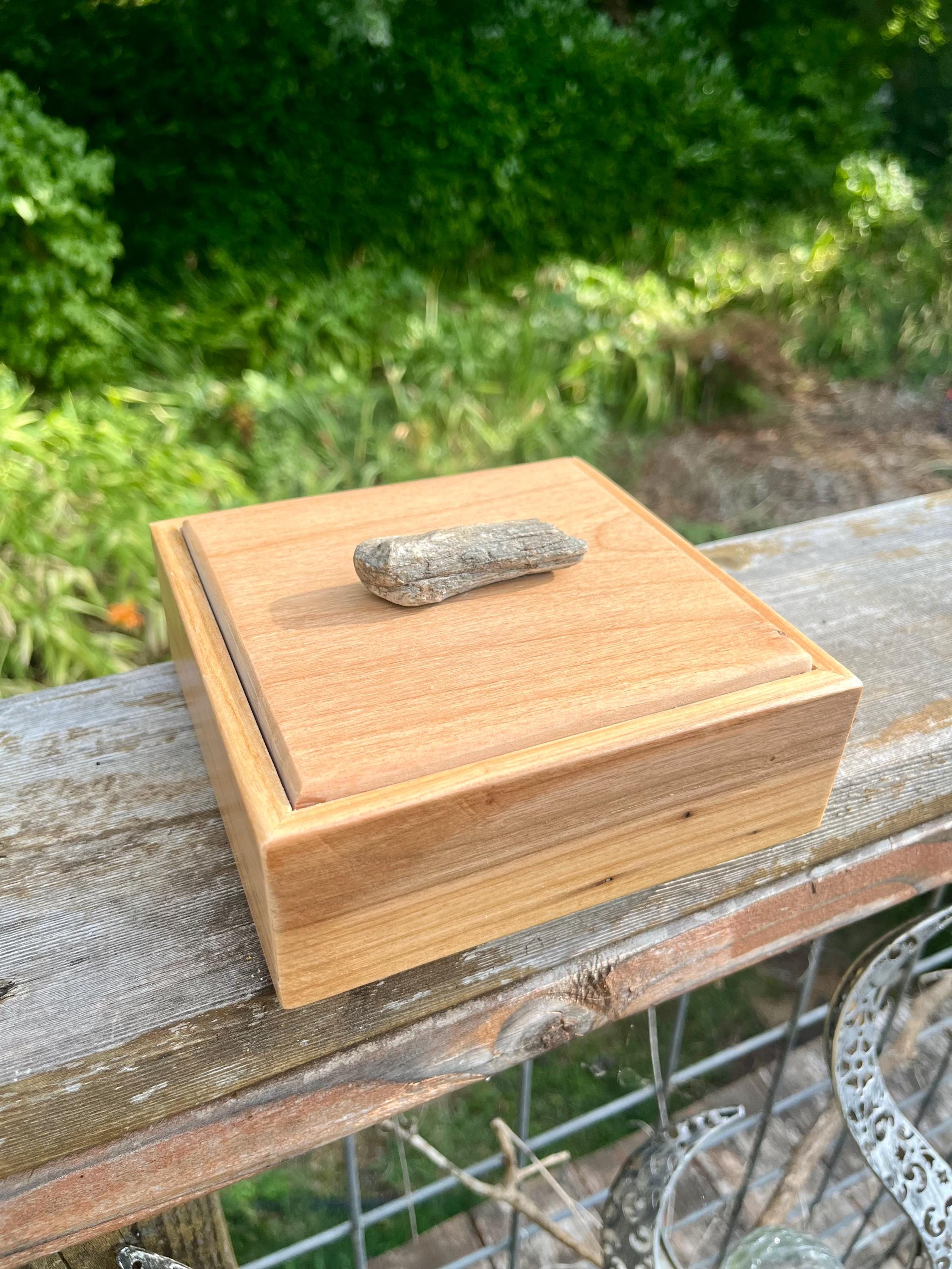 Apple Wood Jewelry Box with Petrified Wood Lid: Green Felt Lined