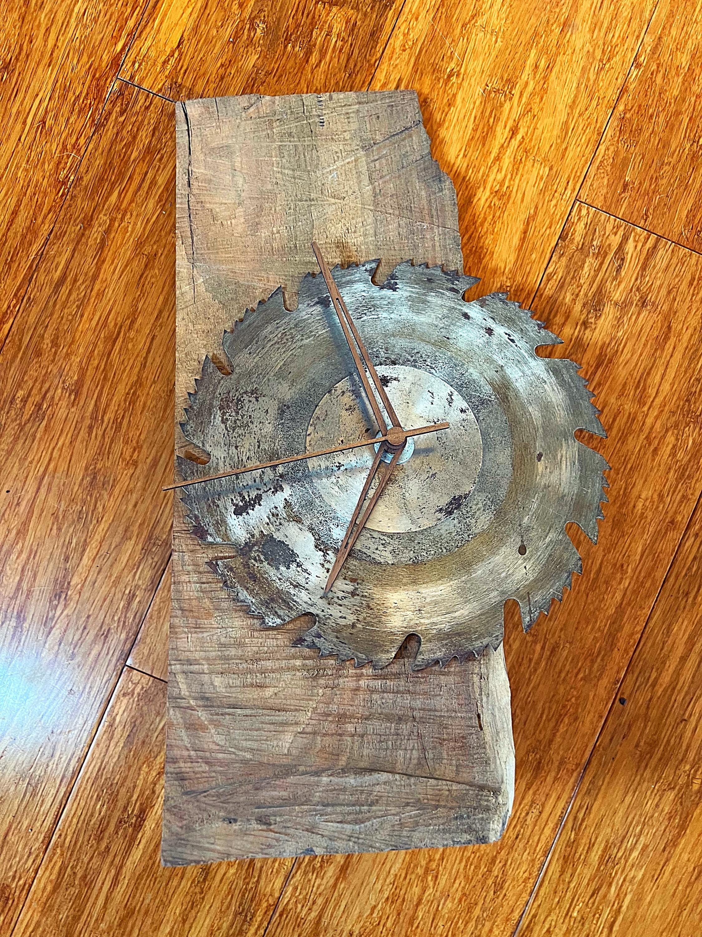 Handmade Walnut Desk Clock with Upcycled Saw Blade: Rustic Man Cave Decor