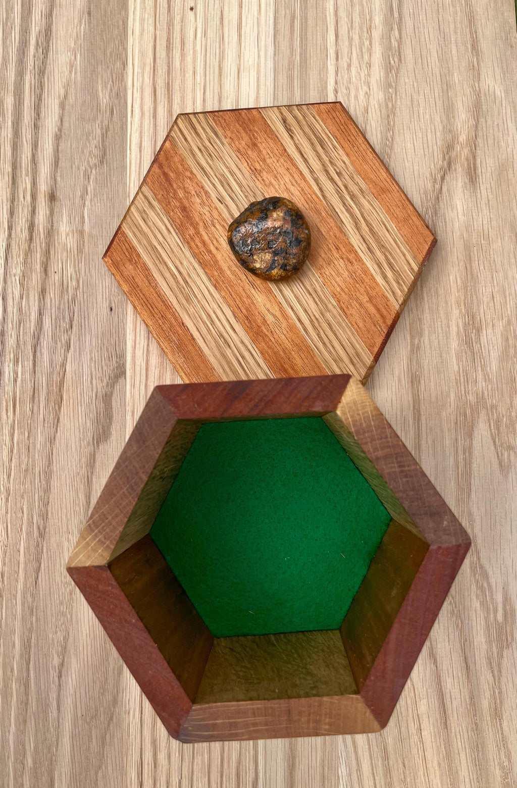 Handcrafted Oak & Mahogany Hexagonal Storage Box with New Zealand Beach Stone Pull
