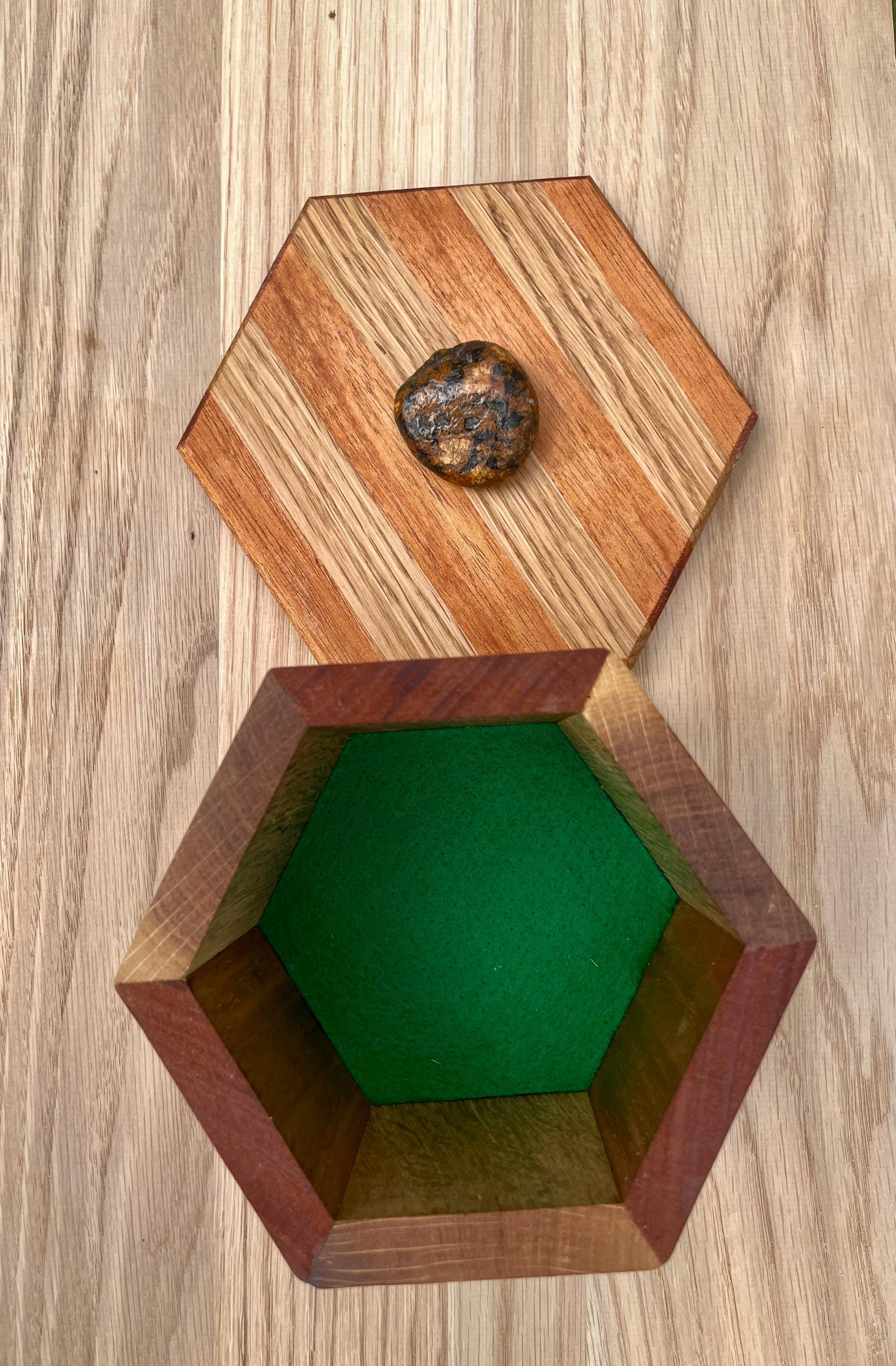 Handcrafted Oak & Mahogany Hexagonal Storage Box with New Zealand Beach Stone Pull