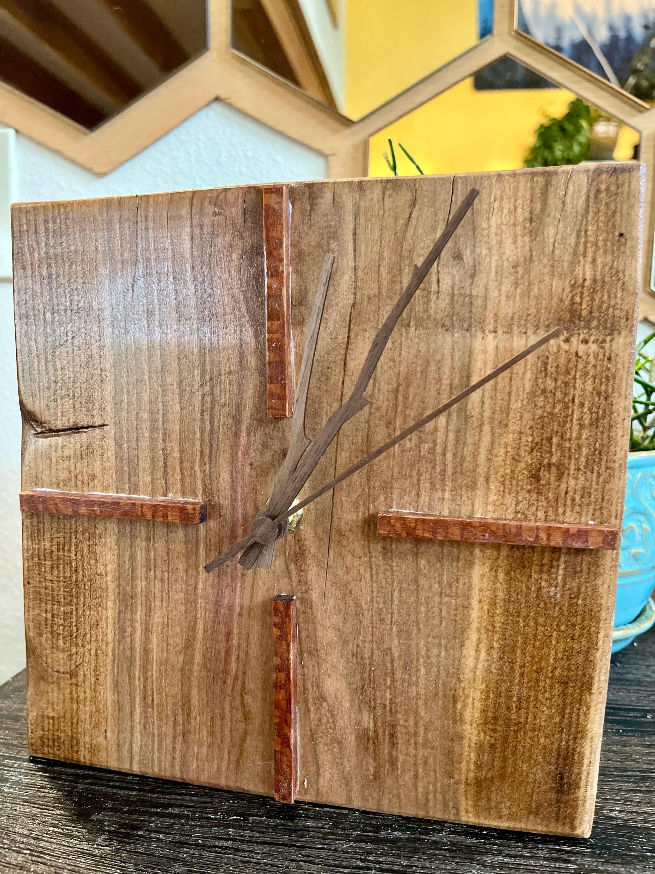 Handmade Live-Edge Plum Wood Clock: Walnut & Leopardwood Inlays