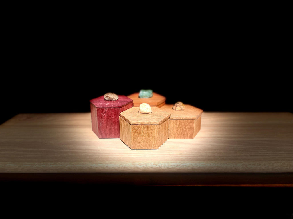 Honeycomb Jewelry Box: Purpleheart, Plum & Oak with Agate Lids