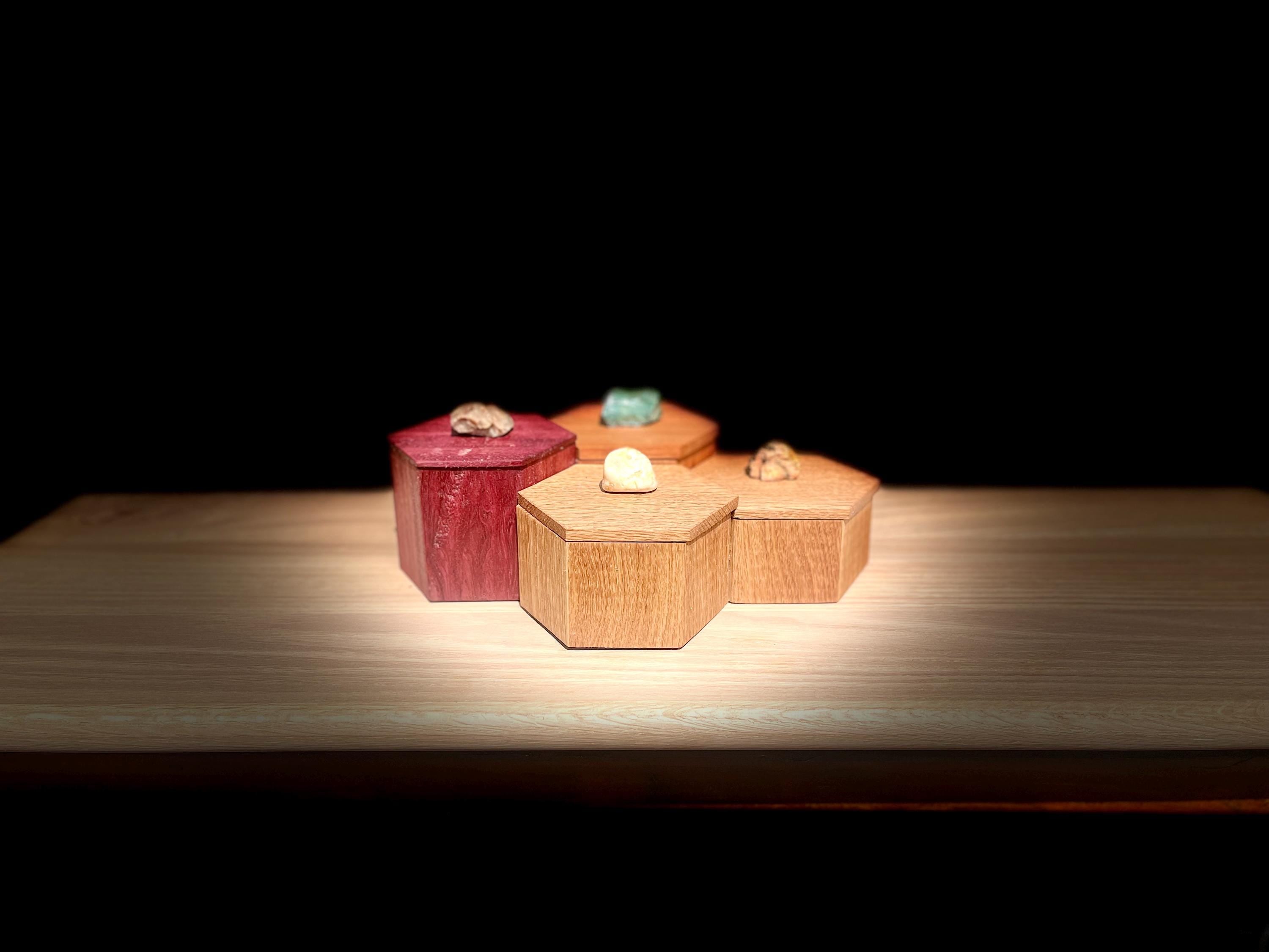 Honeycomb Jewelry Box: Purpleheart, Plum & Oak with Agate Lids