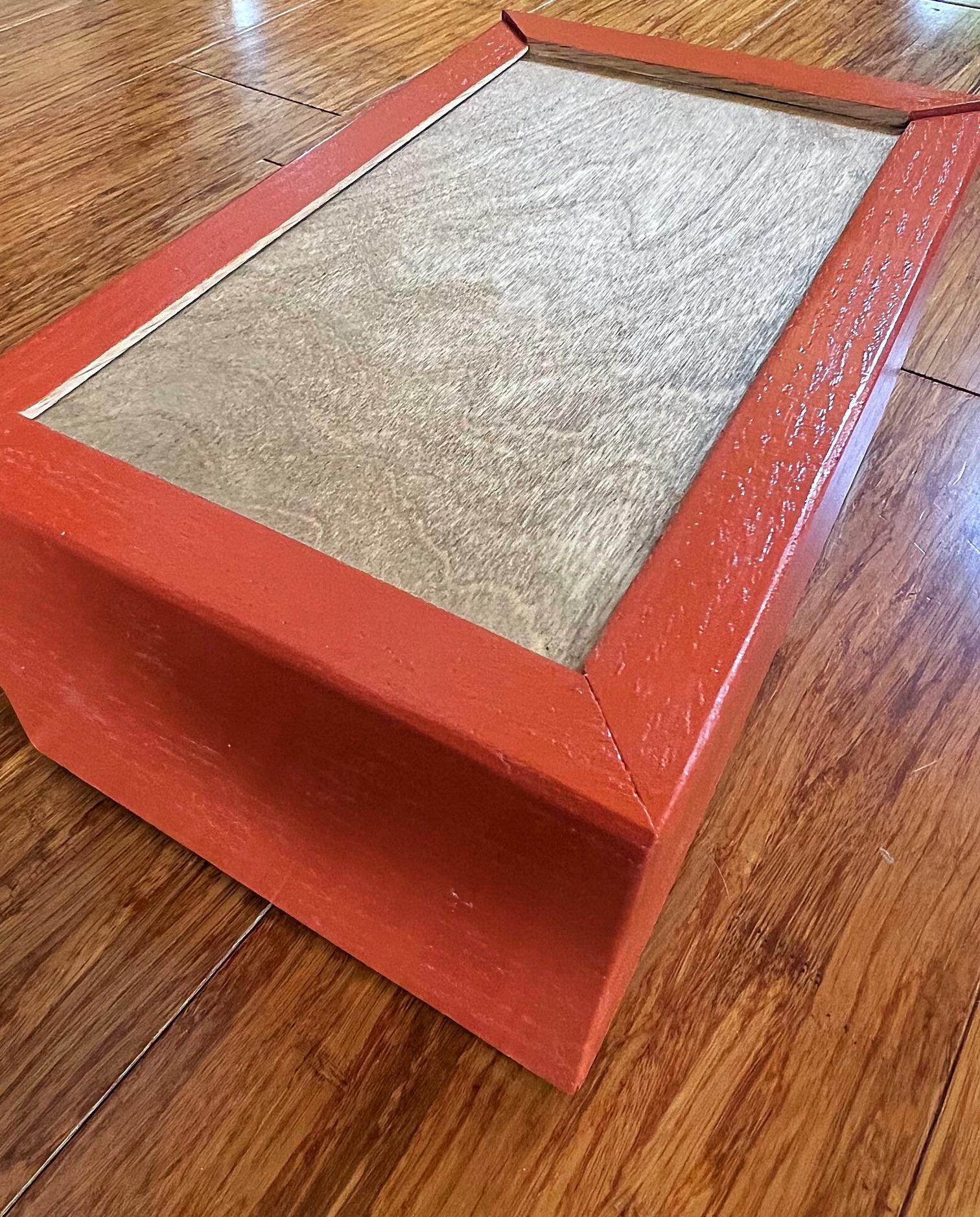 Handmade Recycled Oak Storage Box: Orange Milk Paint Finish, Felt Bottom
