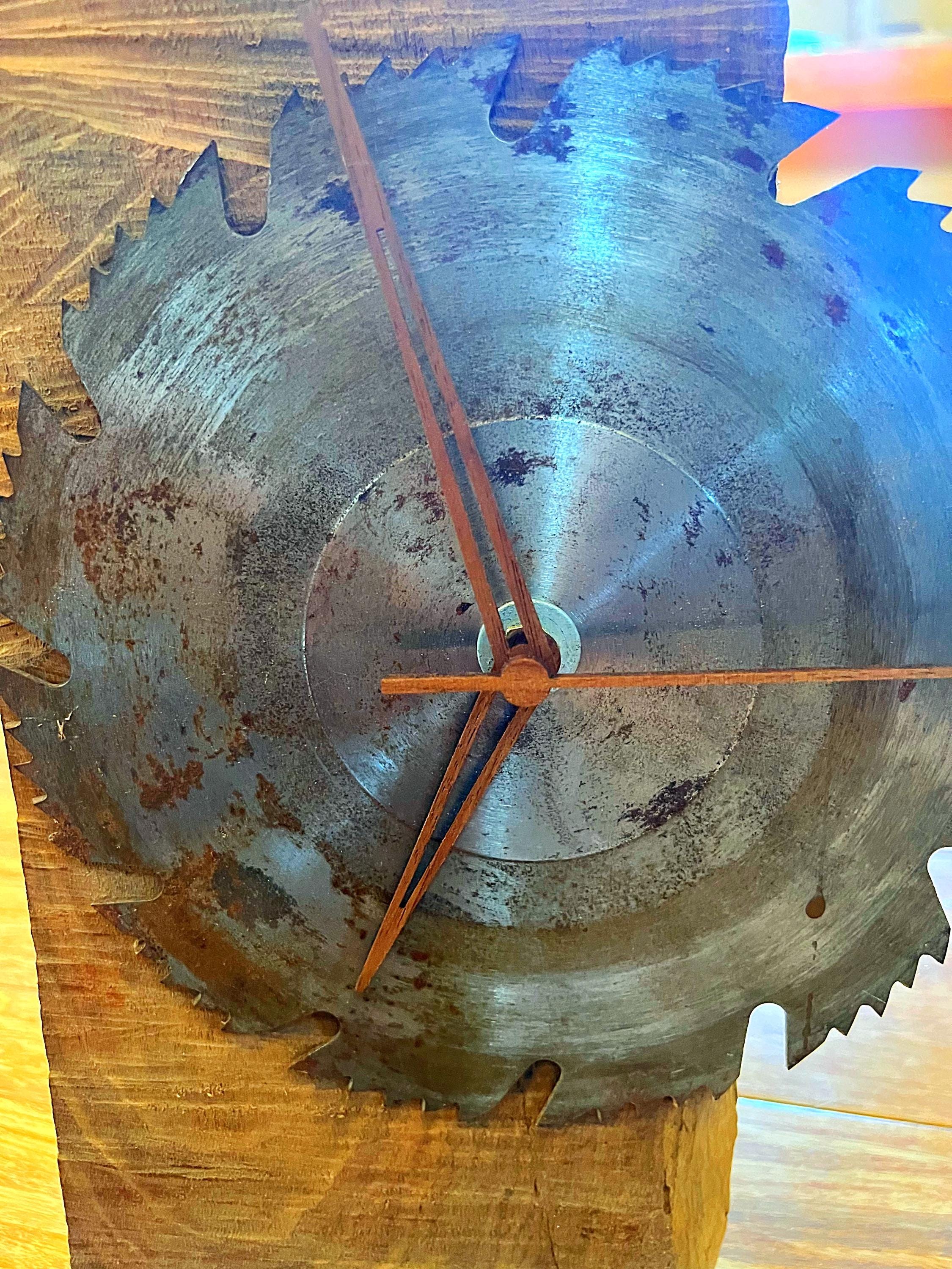 Handmade Walnut Desk Clock with Upcycled Saw Blade: Rustic Man Cave Decor