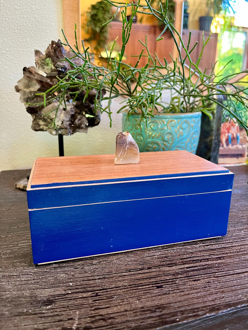 Handmade Maple Jewelry Box: Blue Milk Paint Finish, Smokey Quartz Pull
