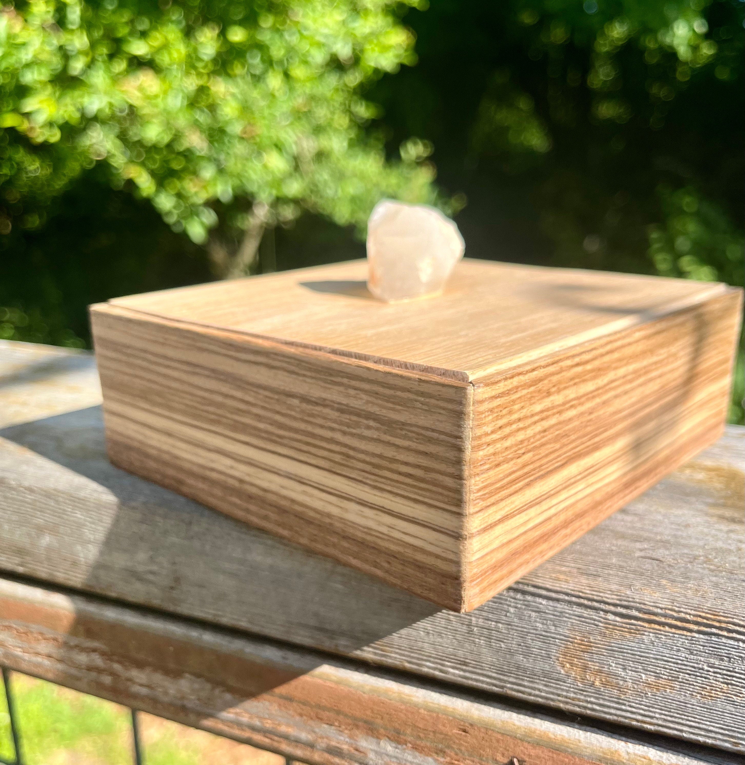 Handmade Zebrawood Jewelry Box: Oak Lid & Quartz Crystal Pull