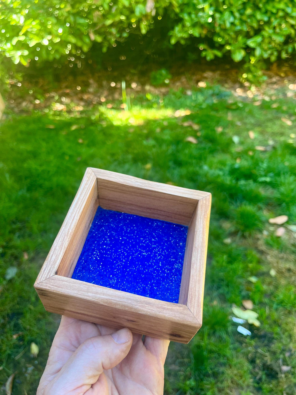 Handmade Plum Wood Ring Tray | Live Edge Jewelry Dish, Blue Felt Lined