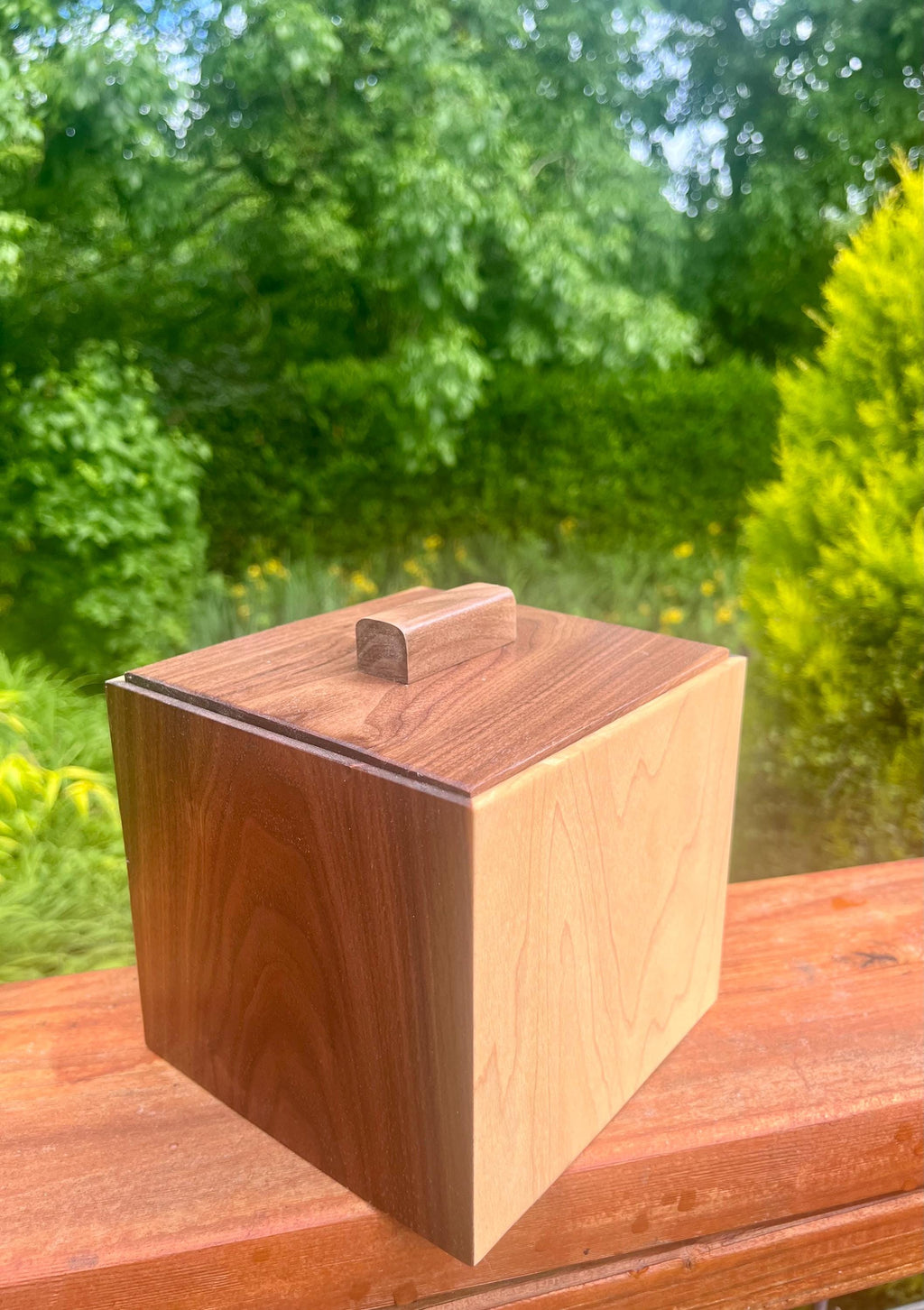 Handmade Walnut & Maple Cube Box: Blue Sparkle Felt Lined