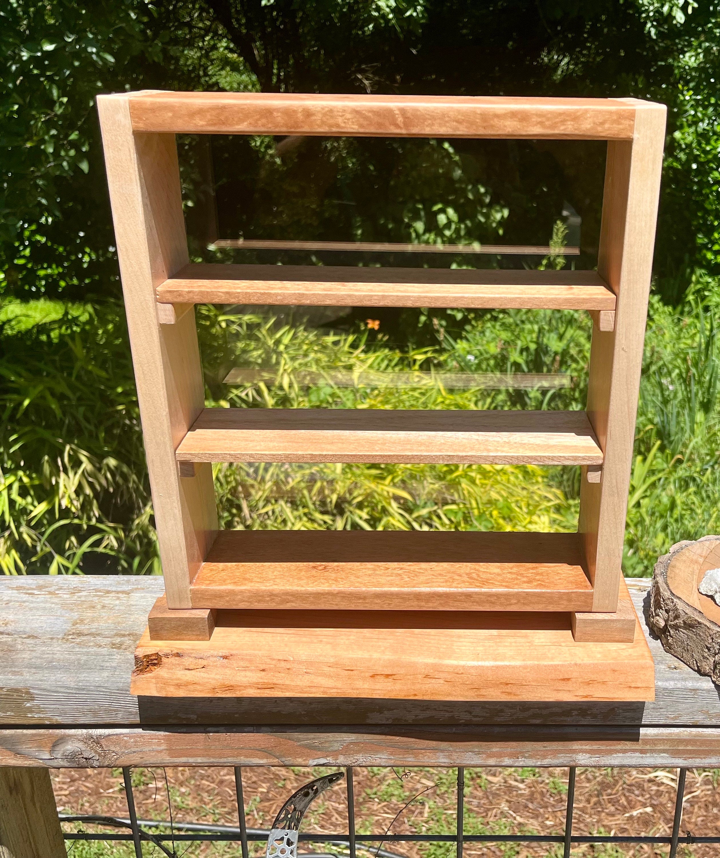 Handmade Wood Desktop Shelf: Mahogany, Oak & Live Edge Alder Base