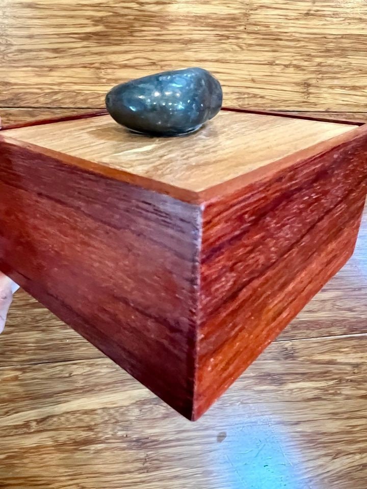 Handmade Padauk Wood Jewelry Box: Plum Wood Lid, Hematite Pull