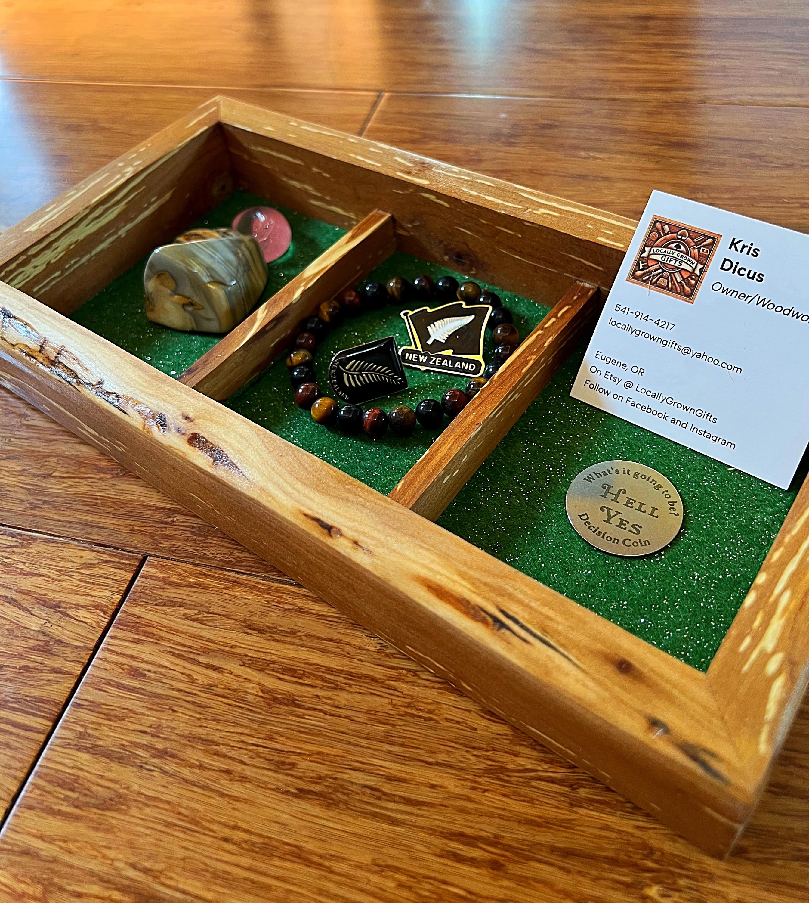 Handmade Live-Edge Apple Wood Jewelry Tray: Green Sparkle Felt Lined