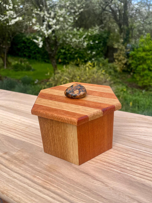 Handcrafted Oak & Mahogany Hexagonal Storage Box with New Zealand Beach Stone Pull