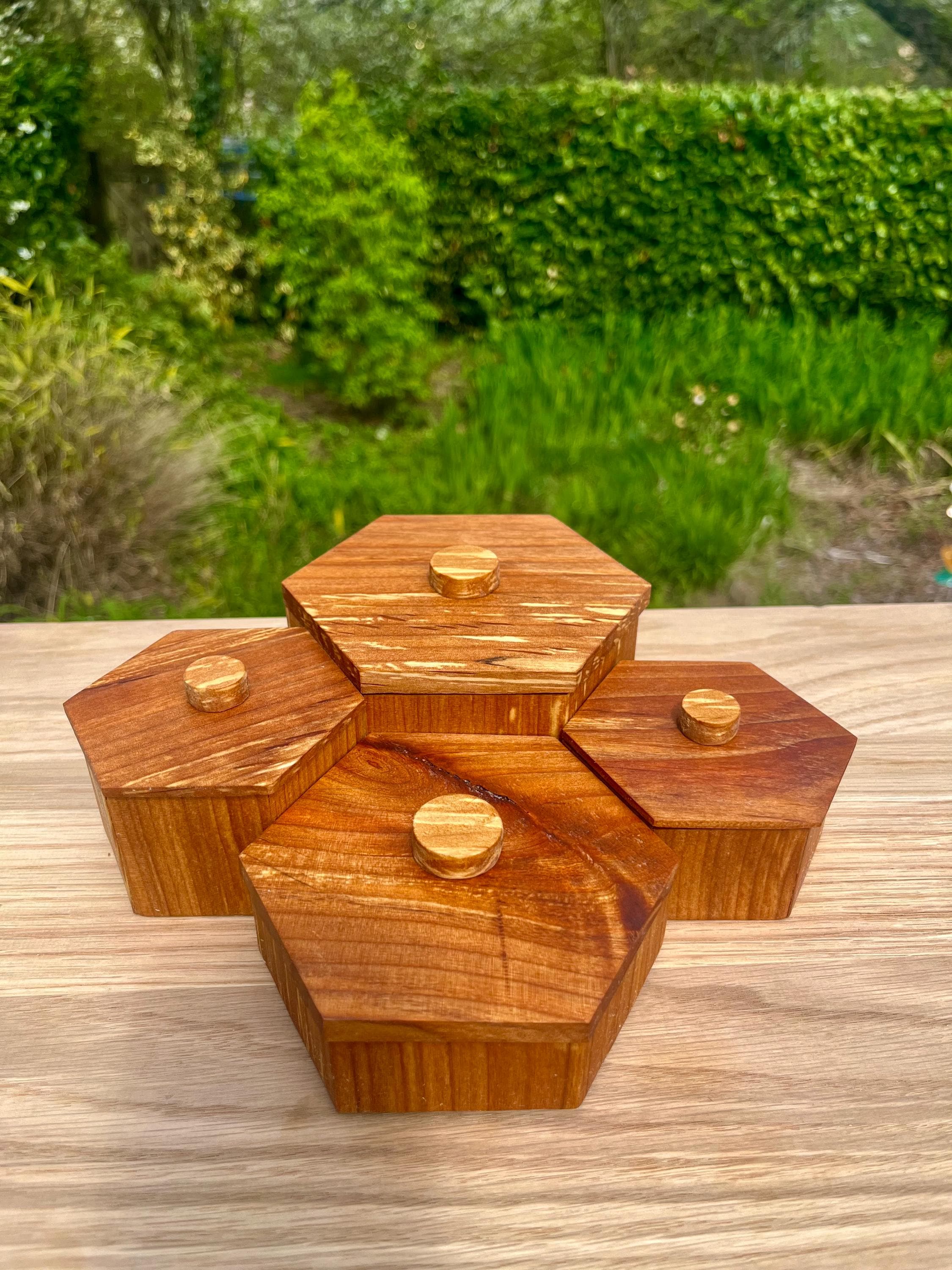 Handmade Alder Wood Honeycomb Jewelry Box: Blue Sparkle Felt Lining