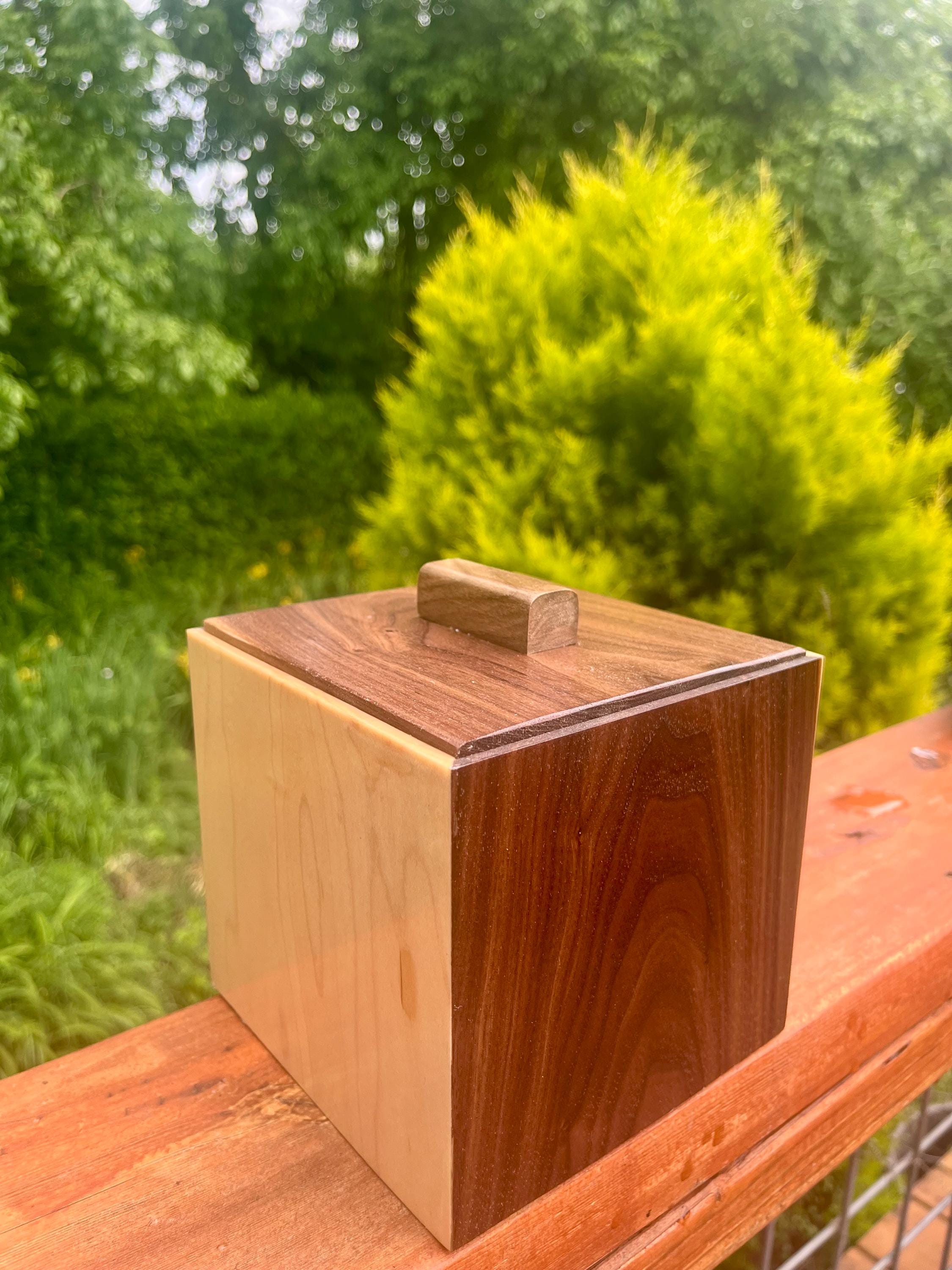 Handmade Walnut & Maple Cube Box: Blue Sparkle Felt Lined