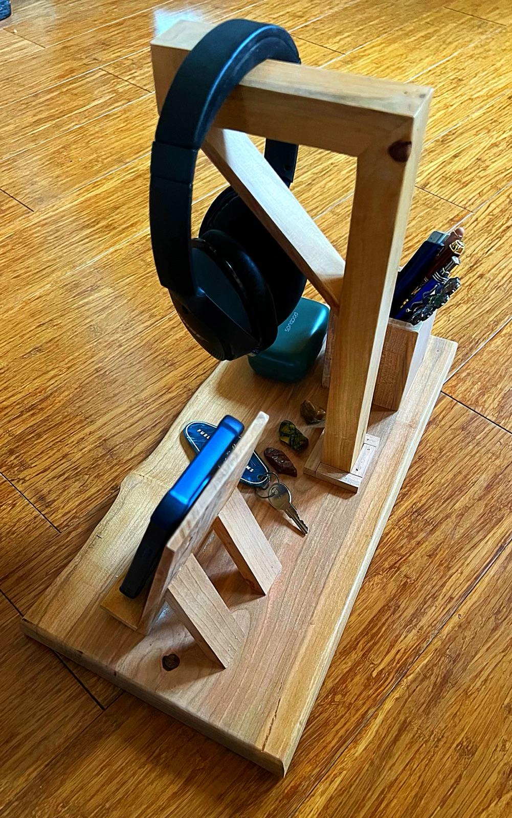 Handcrafted Plum Wood Headphone Stand with Phone & Pen Holder