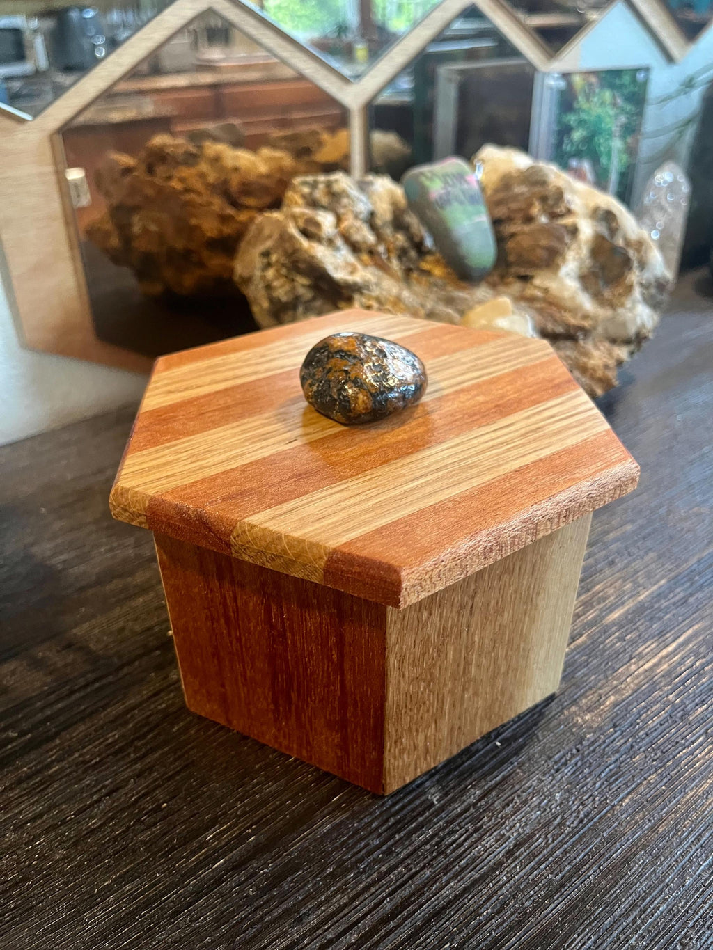 Handcrafted Oak & Mahogany Hexagonal Storage Box with New Zealand Beach Stone Pull
