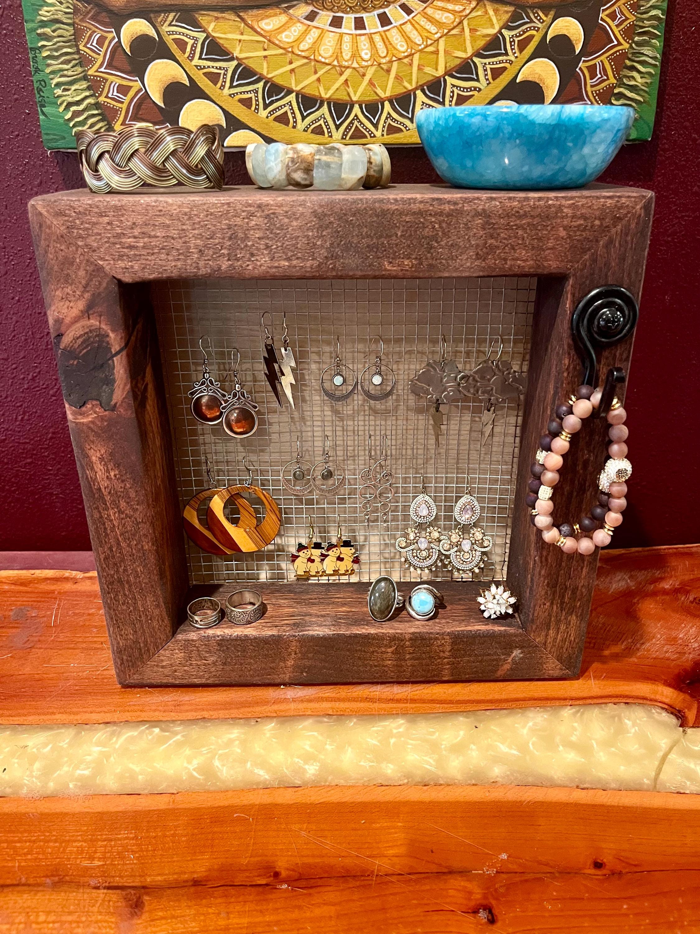 Wall Hanging Alder Wood Jewelry Display with Mesh Backing, Necklace Hook, Shelf | Locally Grown Wood
