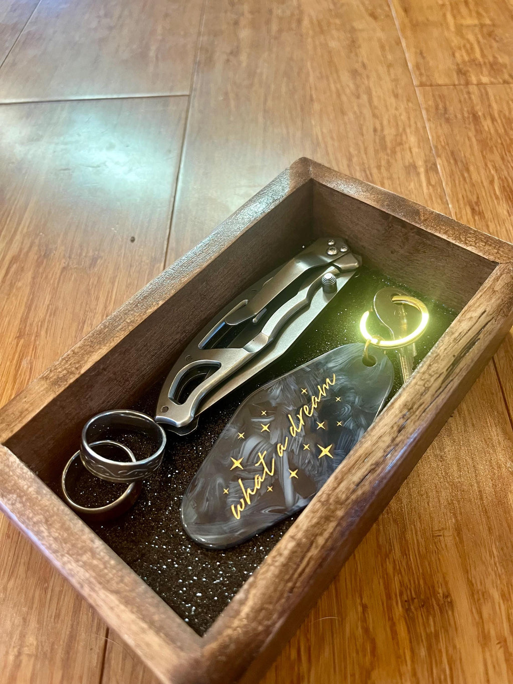 Live-Edge Plum Wood Jewelry Tray | Tung Oil Finish, Sparkly Lining