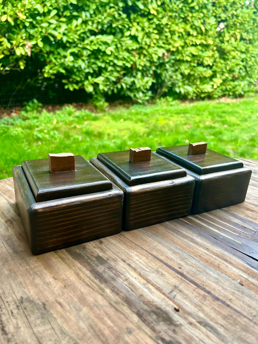 Handmade Spruce Wood Jewelry Box Set – Raw Walnut Pulls, Purple Felt Lined