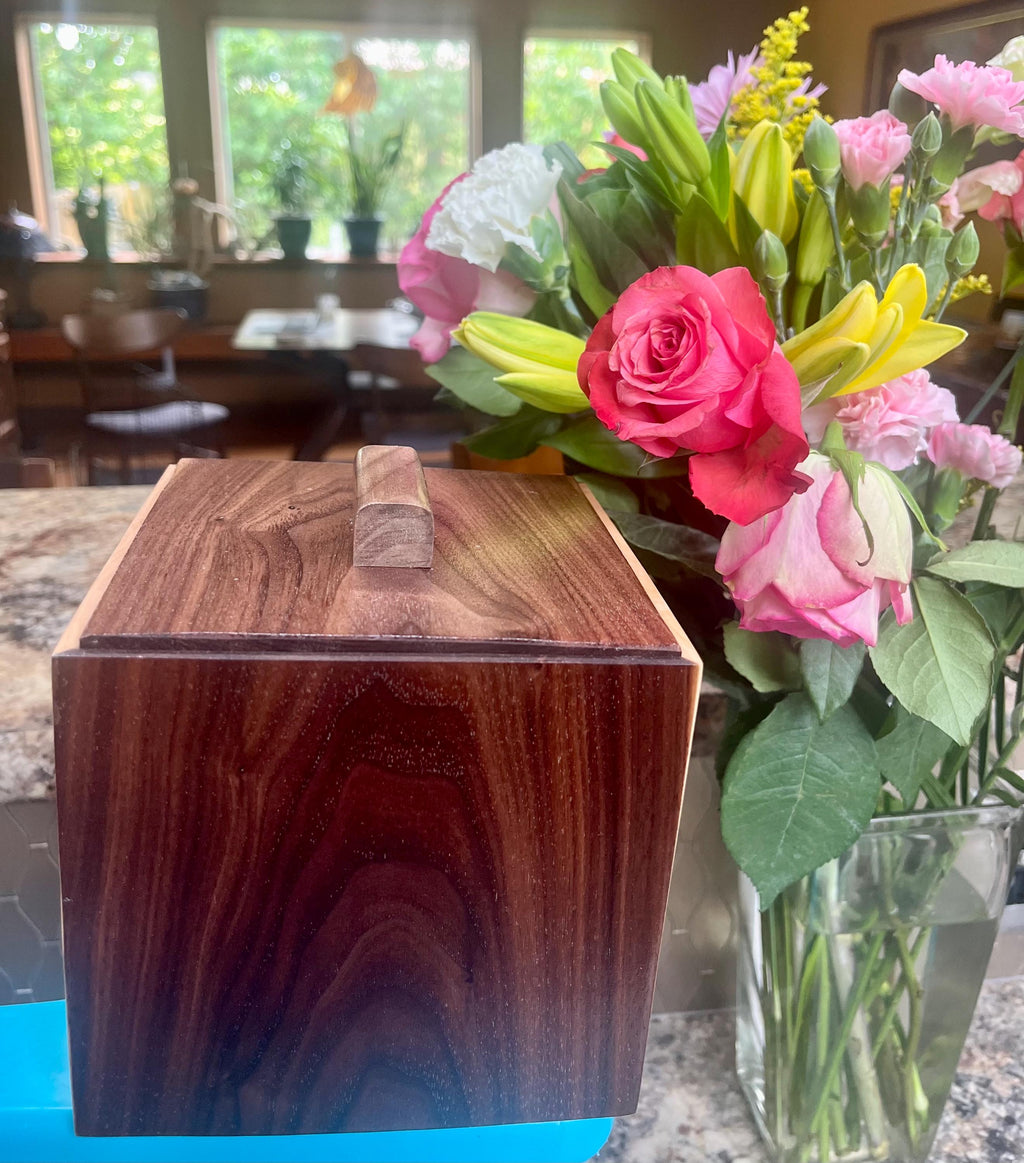 Handmade Walnut & Maple Cube Box: Blue Sparkle Felt Lined