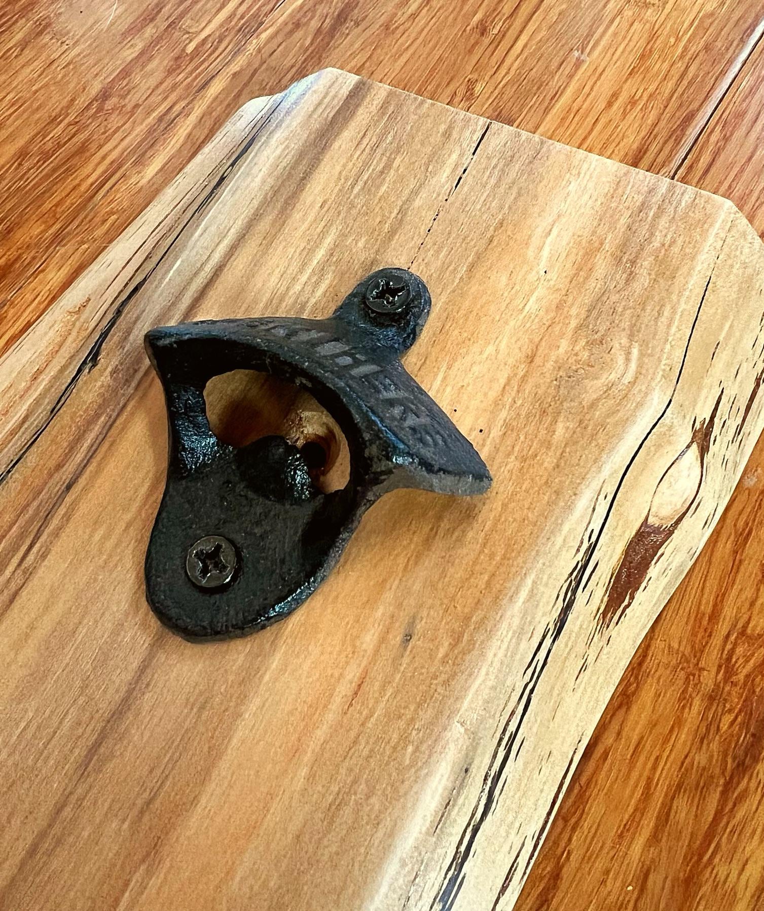 Live-Edge Apple Wood Bottle Opener: Wall Mounted Vintage Cast Iron