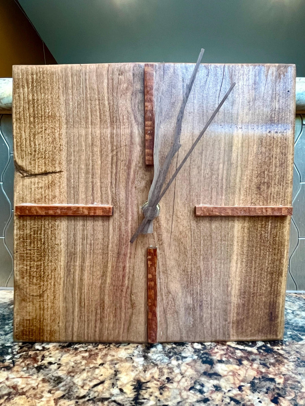 Handmade Live-Edge Plum Wood Clock: Walnut & Leopardwood Inlays