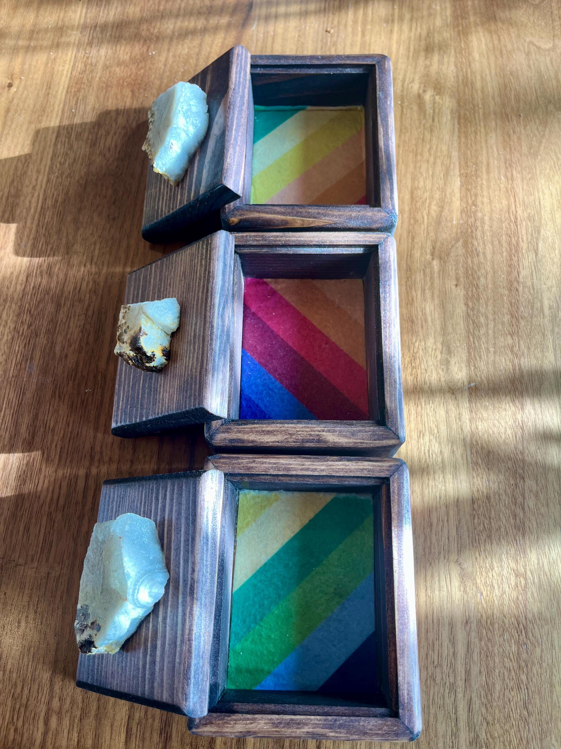 Handmade Spruce Wood Jewelry Box Set – Oregon Thunderegg Pulls, Rainbow Felt Lined
