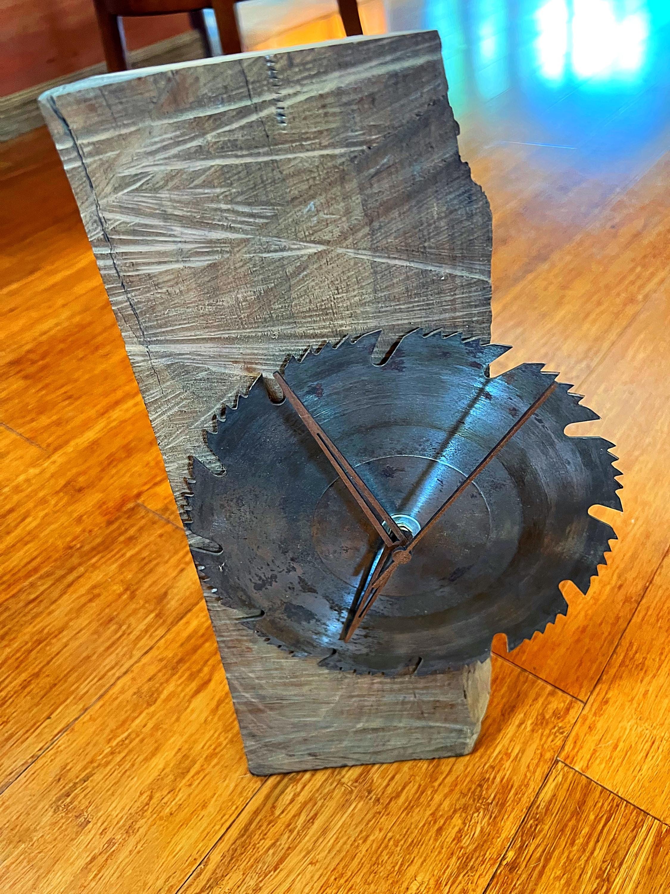 Handmade Walnut Desk Clock with Upcycled Saw Blade: Rustic Man Cave Decor