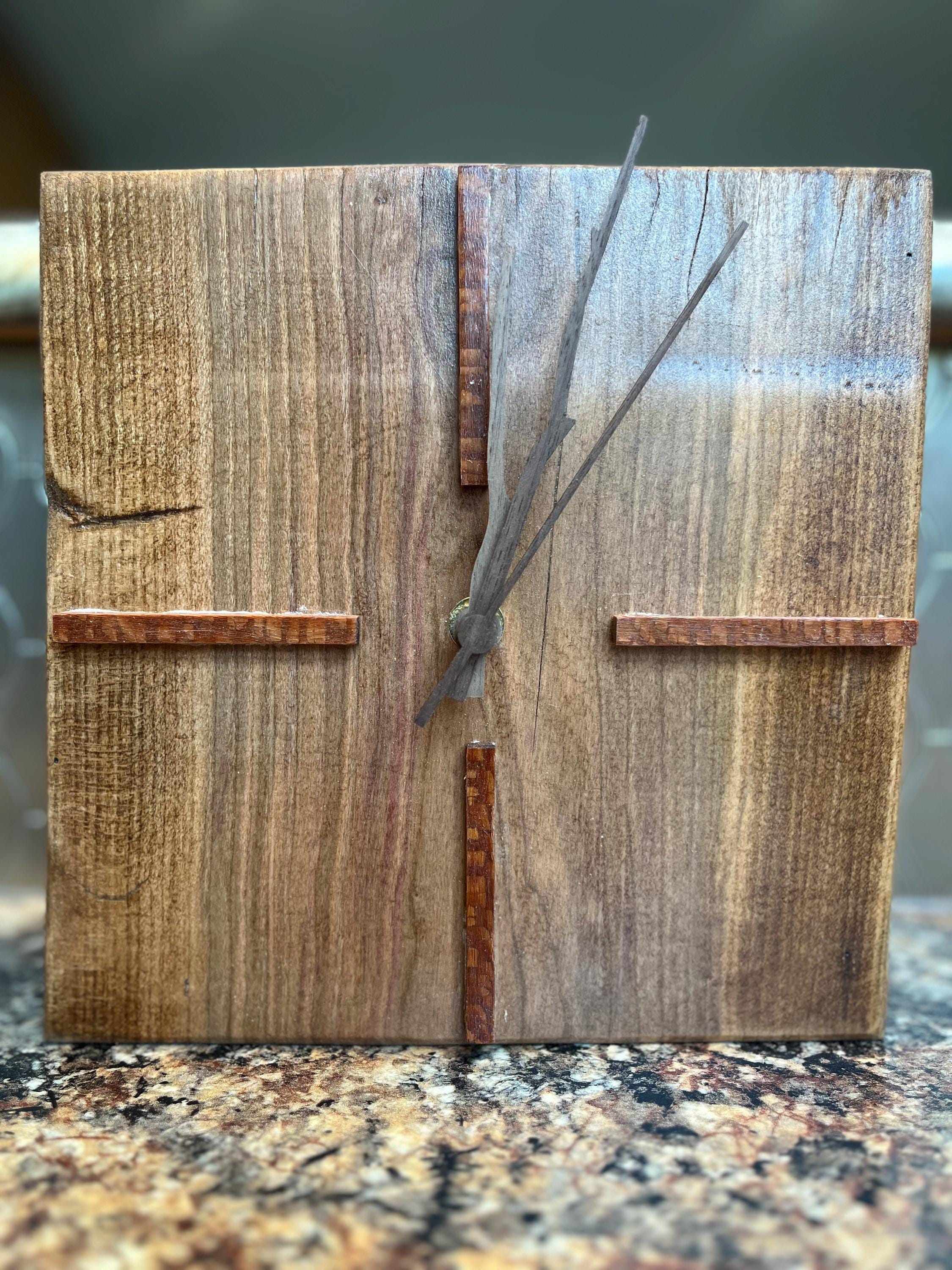 Handmade Live-Edge Plum Wood Clock: Walnut & Leopardwood Inlays