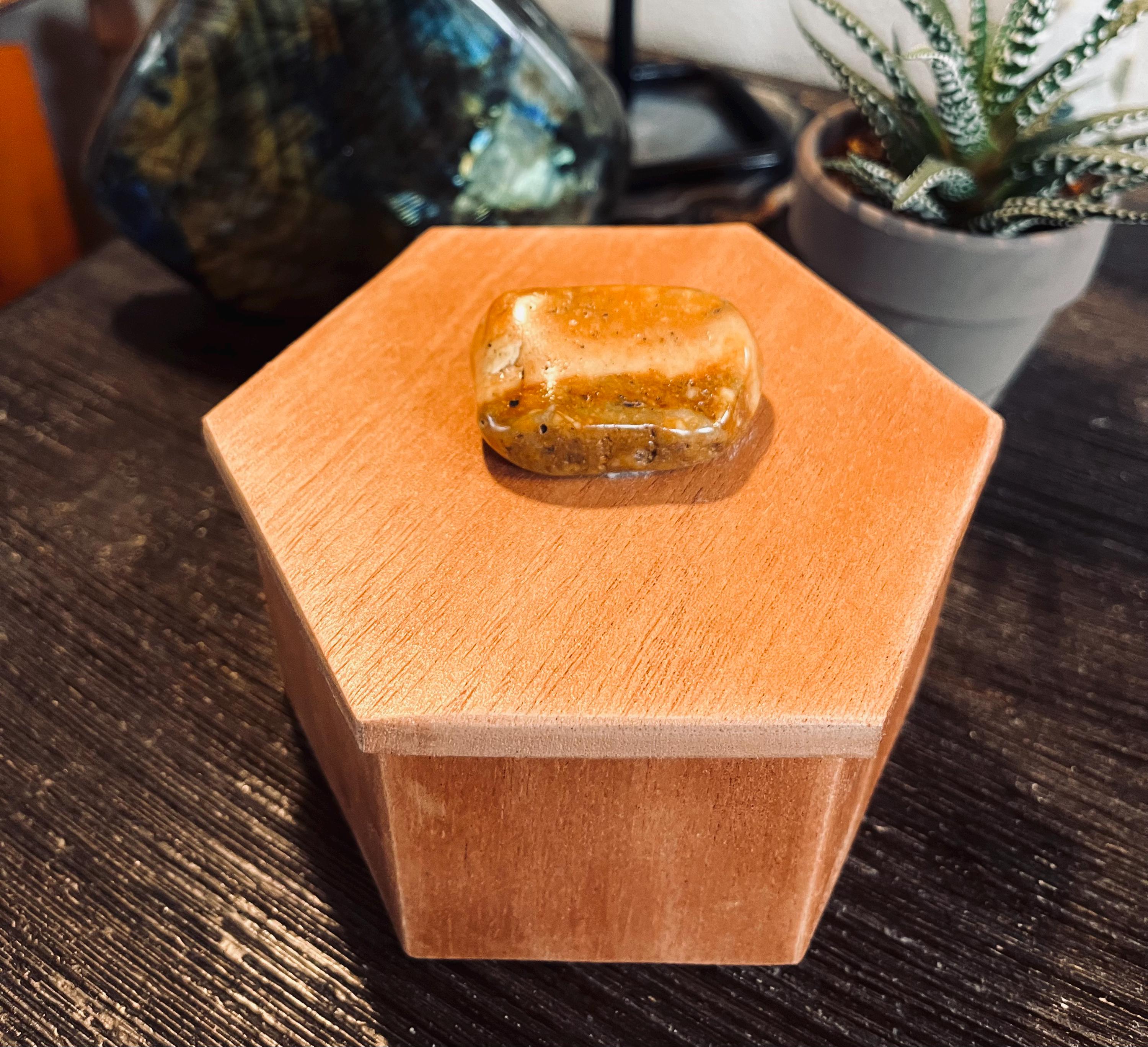 Handmade African Mahogany Hexagon Jewelry Box with Agate Stone Lid