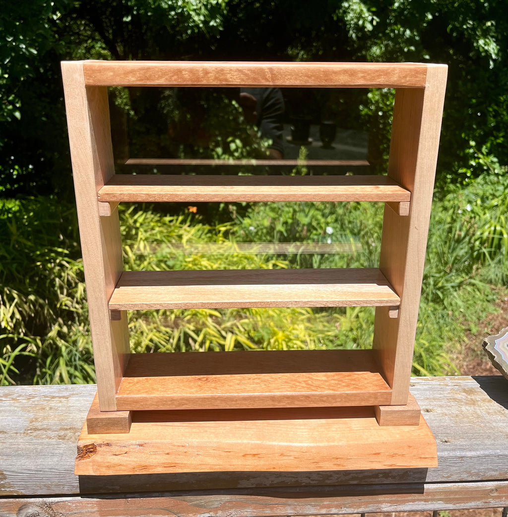 Handmade Wood Desktop Shelf: Mahogany, Oak & Live Edge Alder Base