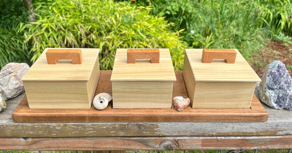 Up-cycled Wood Box Set: Poplar Boxes on Reclaimed Mahogany Tray
