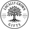 A circular black-and-white logo featuring a stylized tree with roots and branches, with the text 'LOCALLY GROWN' at the top, 'GIFTS' at the bottom, 'EUGENE' on the left, and 'OREGON' on the right.