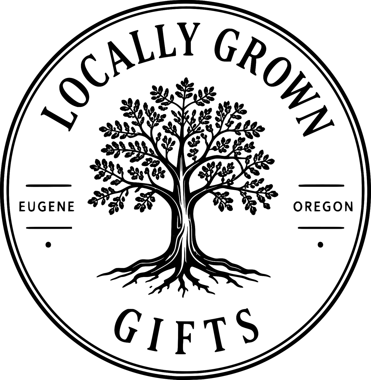 A circular black-and-white logo featuring a stylized tree with roots and branches, with the text 'LOCALLY GROWN' at the top, 'EUGENE OREGON' on the sides, and 'GIFTS' at the bottom.