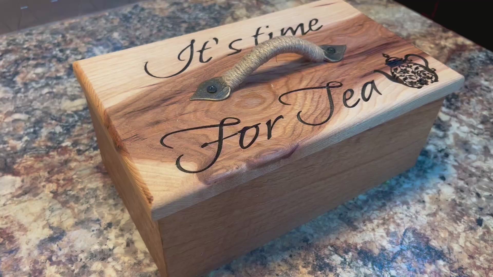 Handmade Oak & Pecan Tea Box with Engraved Lid and Brass Hemp Handle