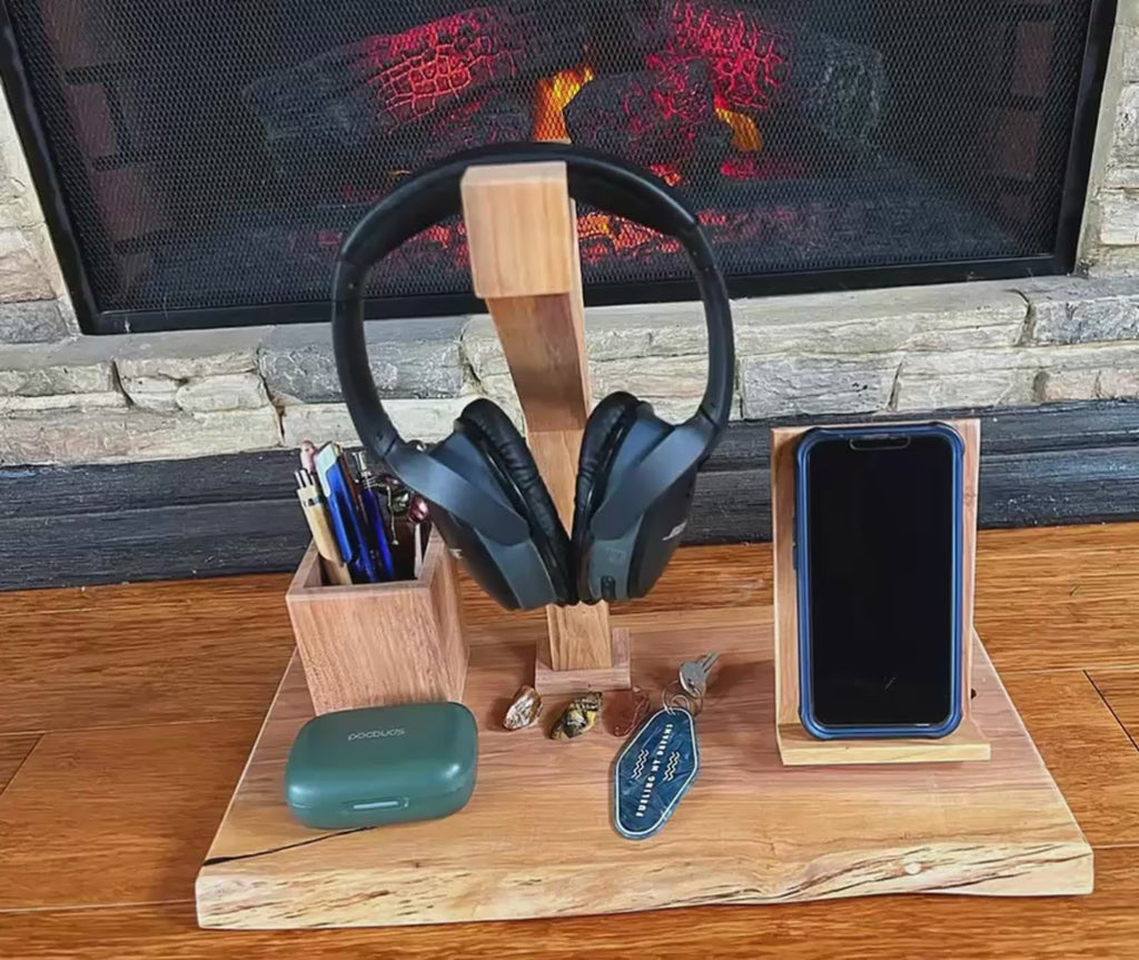 Handcrafted Plum Wood Headphone Stand with Phone & Pen Holder