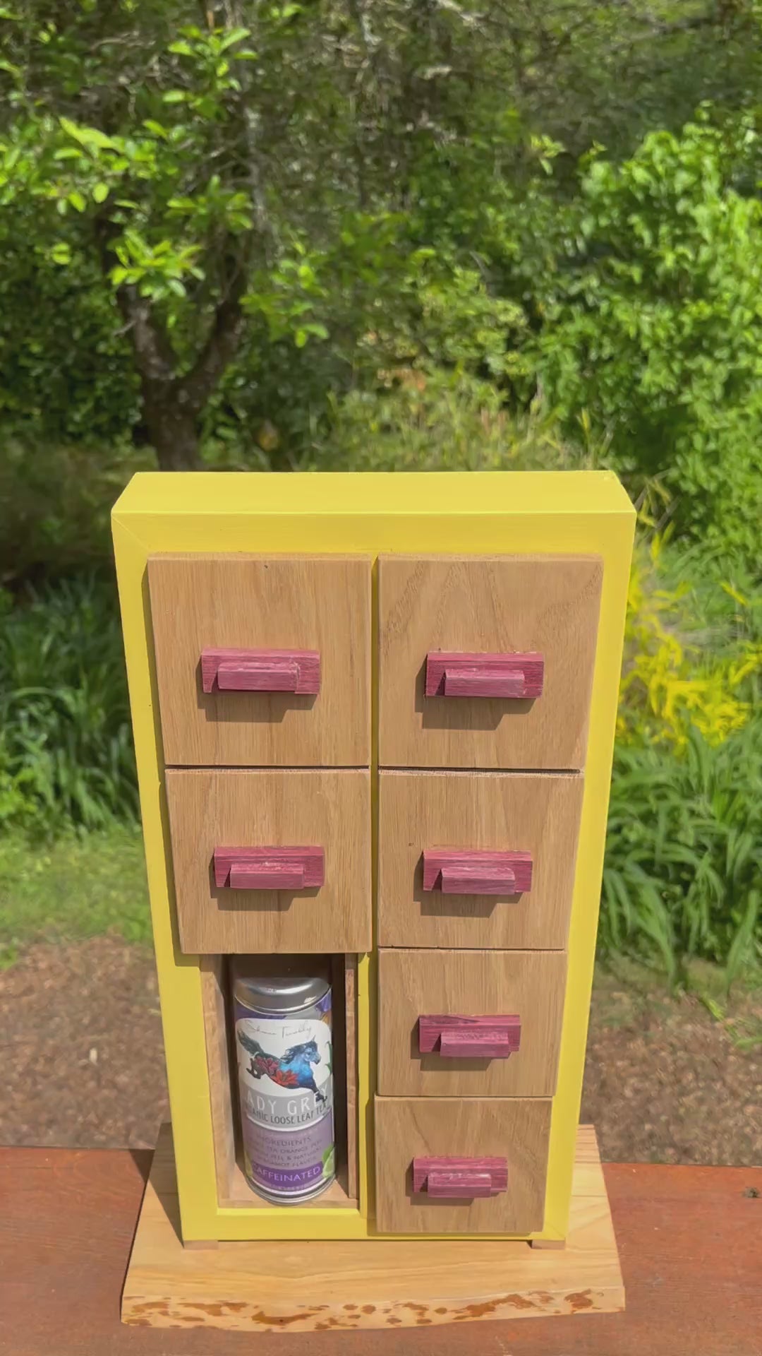 Handmade Wooden Tea Box: Oak Drawers, Purpleheart Pulls, Live Edge Ash Base