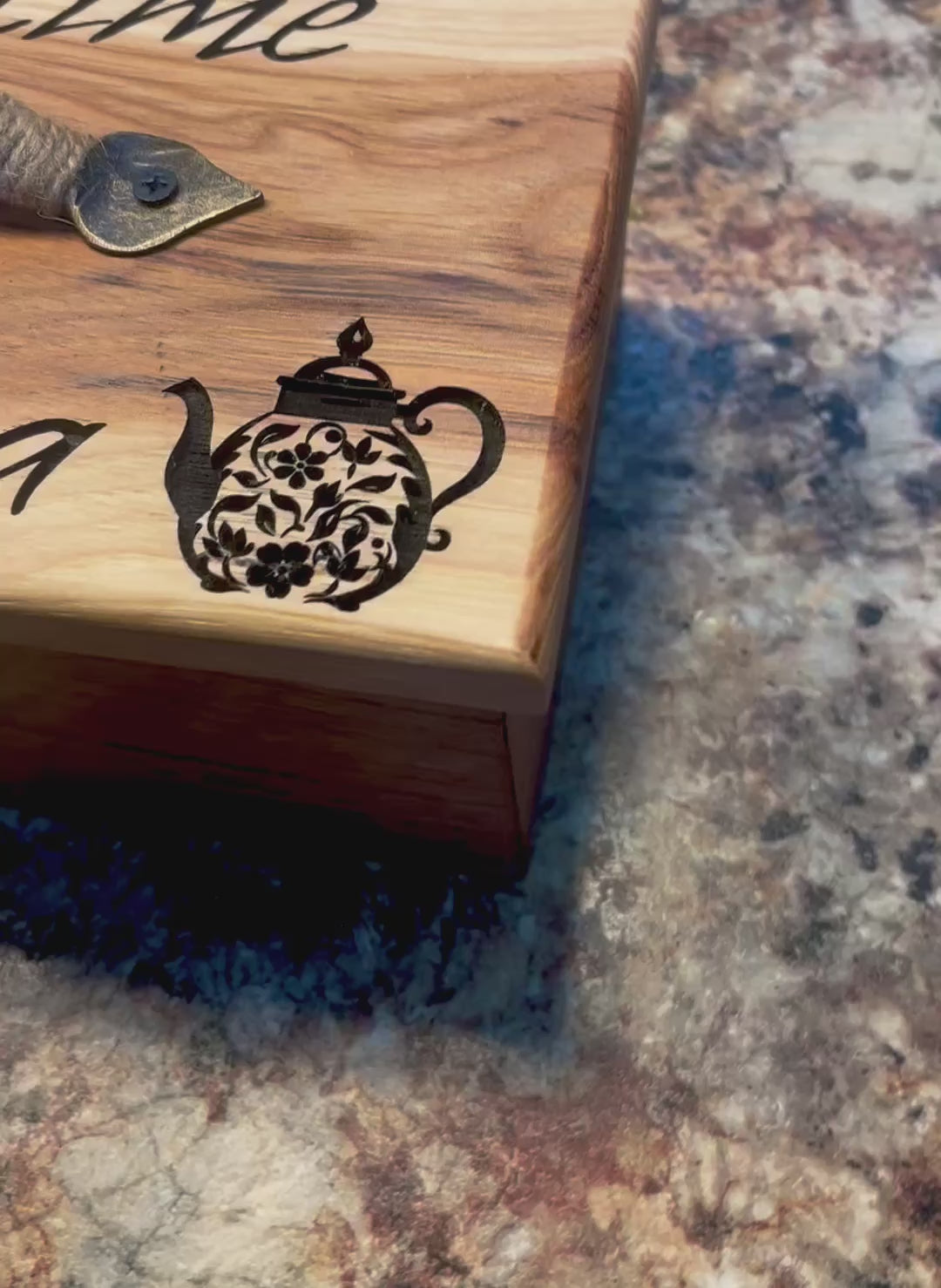 Handmade Oak & Pecan Tea Box with Engraved Lid and Brass Hemp Handle