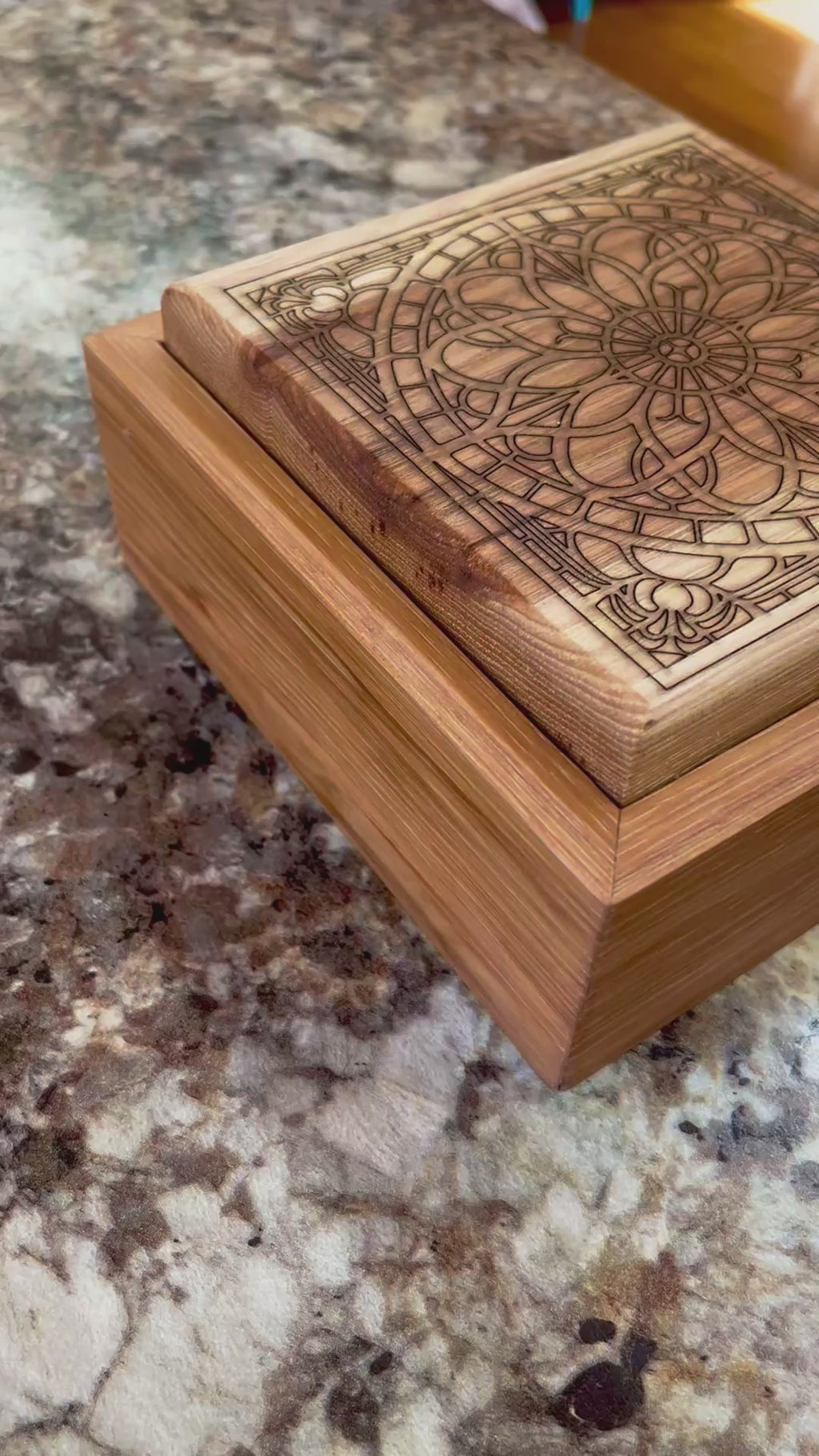 Solid Pecan Keepsake Box with Mandala Engraving & Wrap-Around Grain