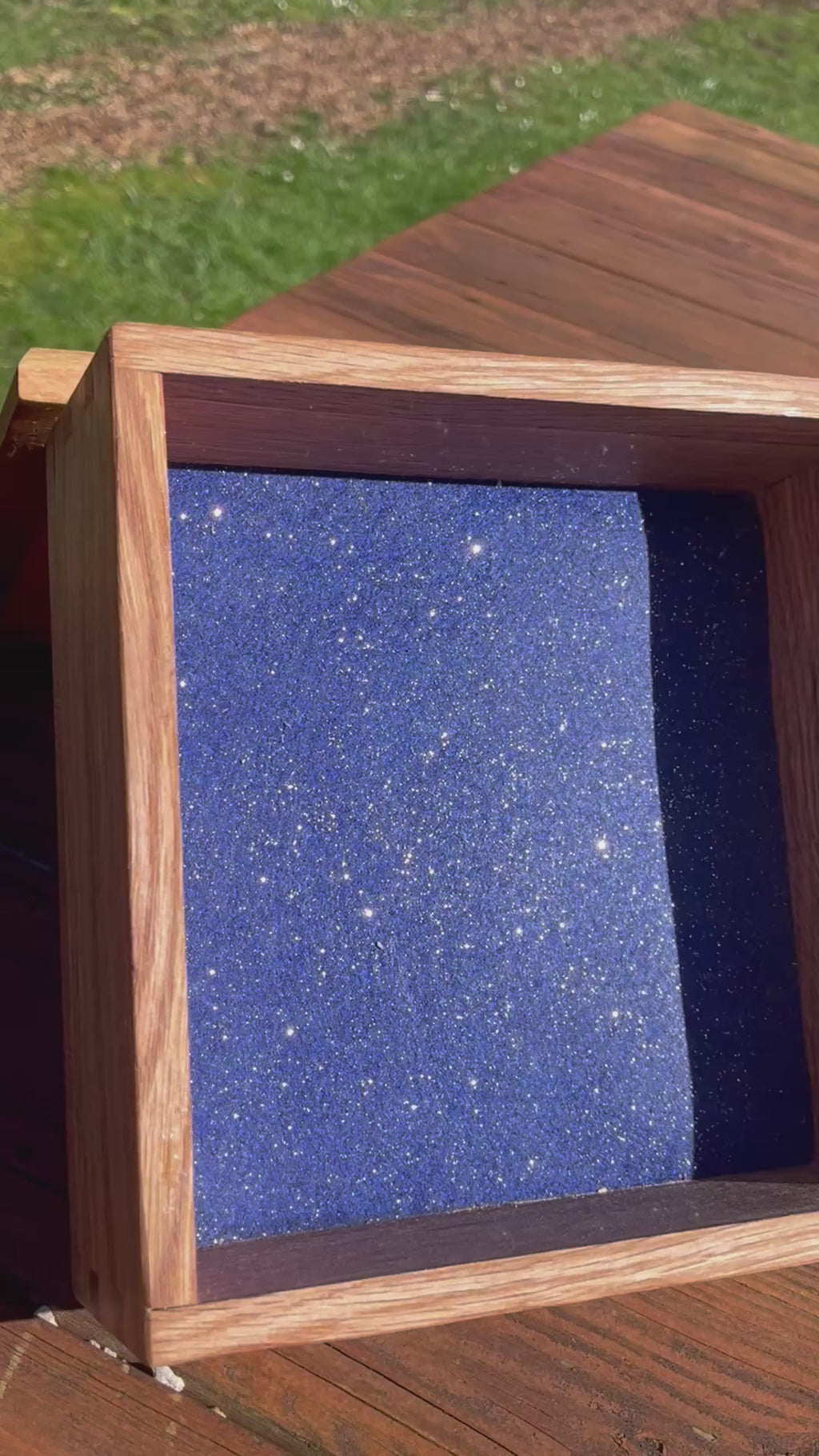 Handcrafted Solid Oak Keepsake Box – Dovetail Joinery, Engraved Mandala Lid, Blue Sparkle Lining