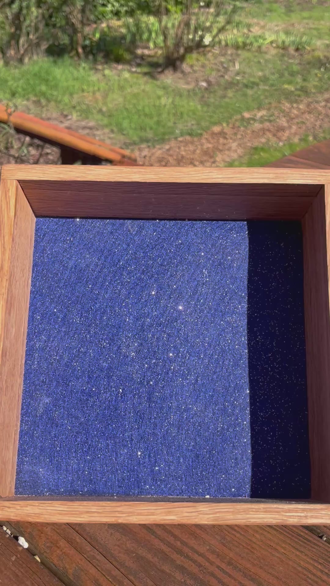 Handcrafted Solid Oak Keepsake Box – Dovetail Joinery, Engraved Mandala Lid, Blue Sparkle Lining