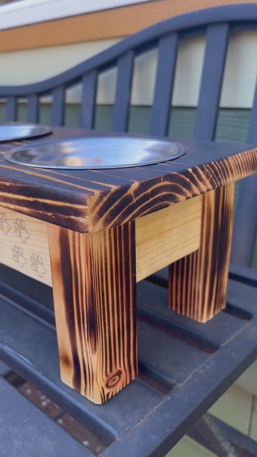 Handcrafted Elevated Cat Feeder – Burned Wood with Dual Bowls & Engraved Detail